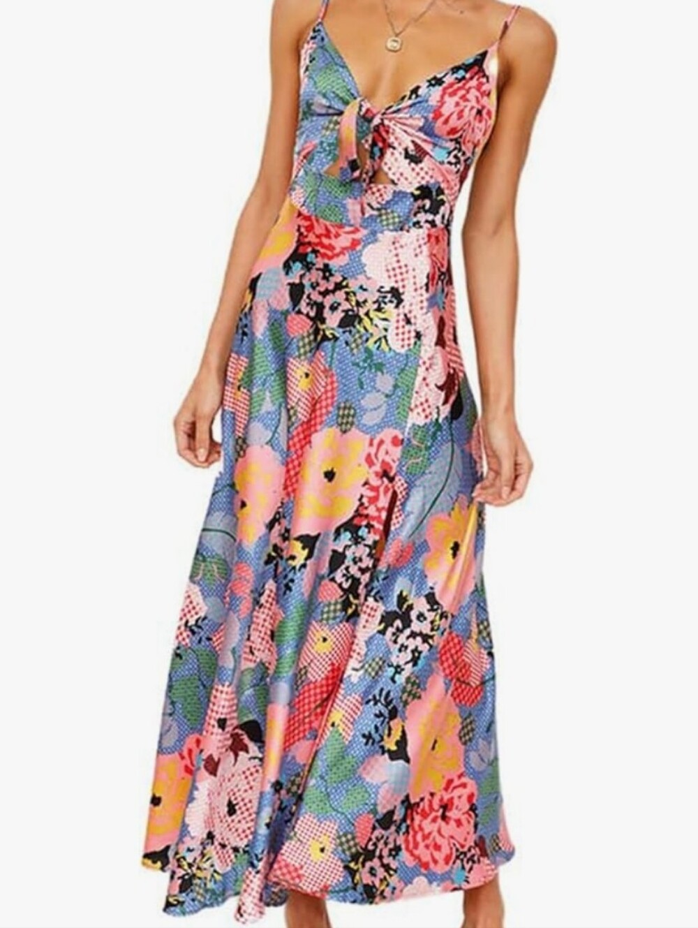 Women's Multicolor Floral Tie-Front Maxi Dress With Slit Sz L